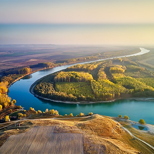 Course of the river cruise on the Danube river, sunset, natural landscape