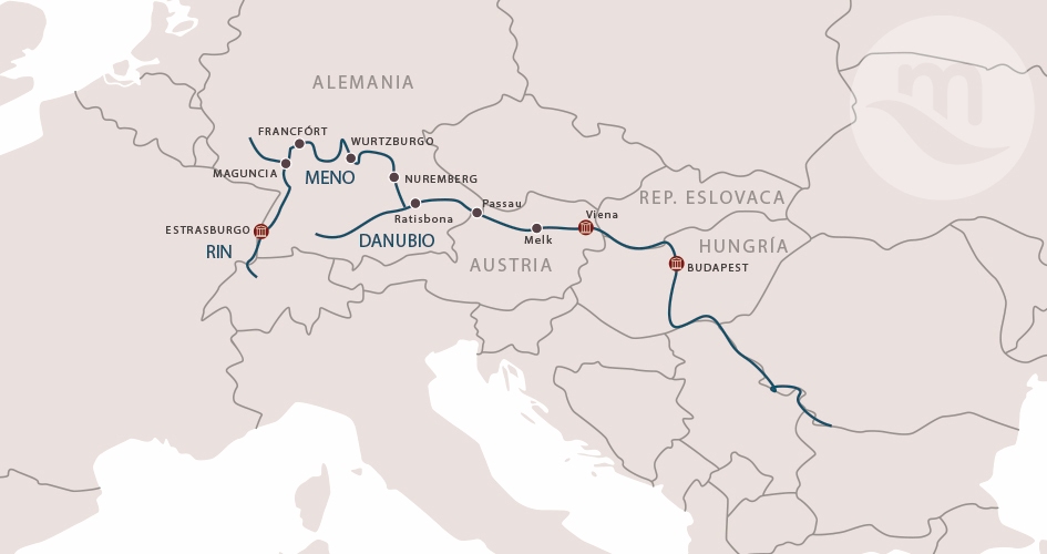 Mapa del itinerario fluvial en crucero por el río Rin, Meno y Danubio